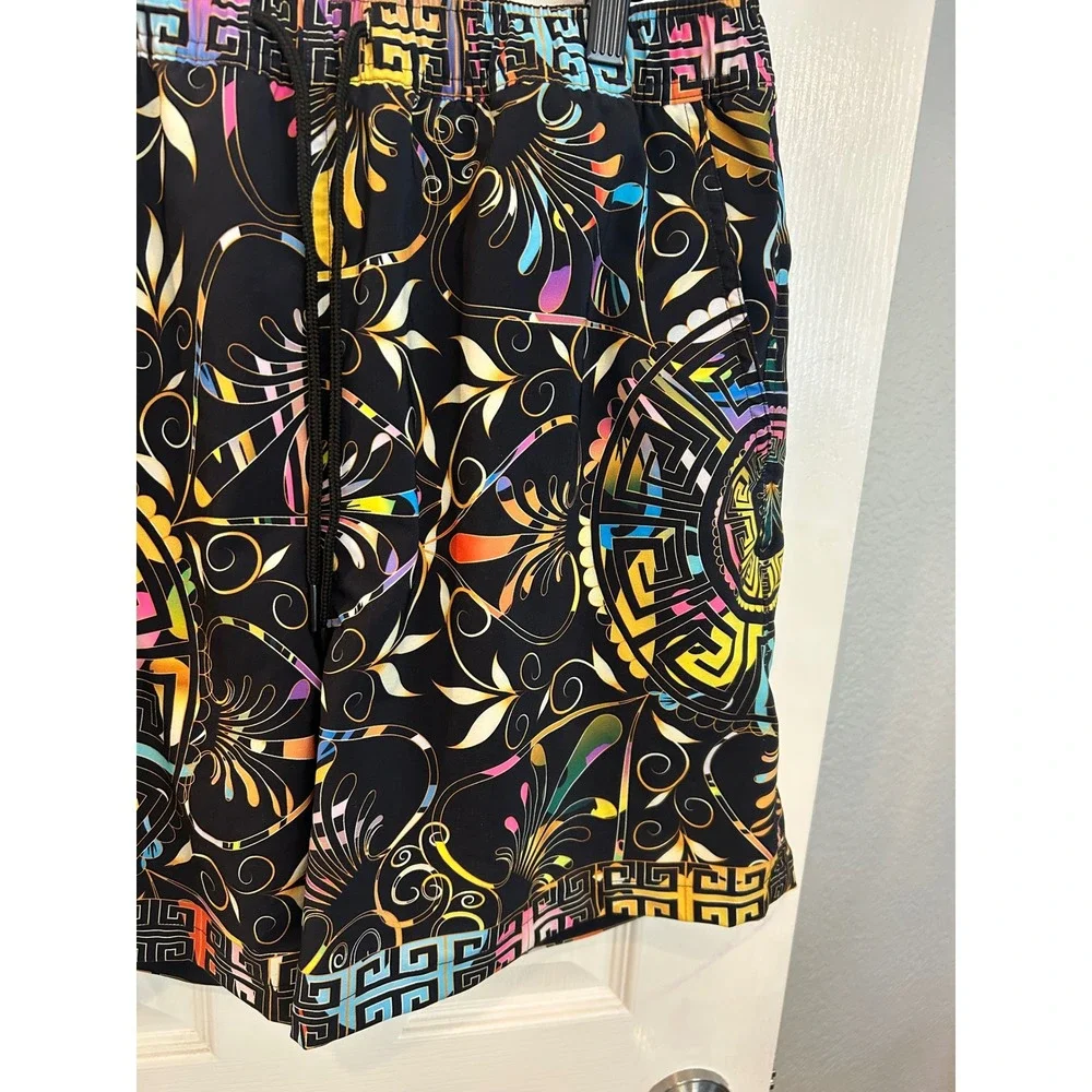 Johnny Was Swim Trunks Black Multi Color Geometric Floral Board Shorts Mens‎